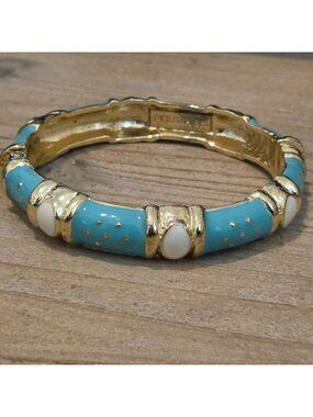 Fornash Turquoise & White Enamel Gold Tone Queen Clamper Bracelet